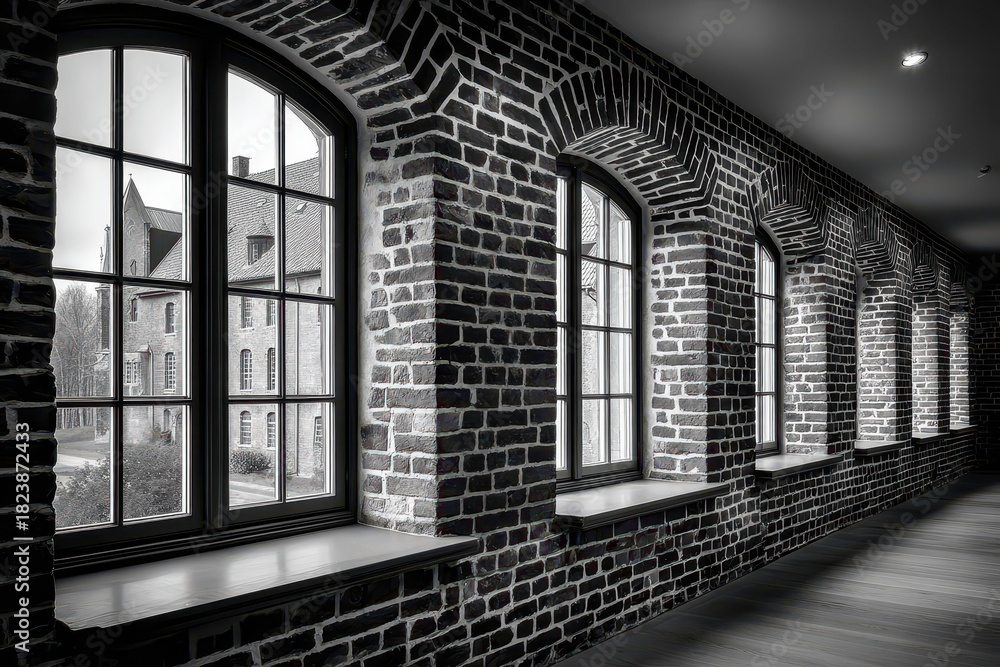 Obraz premium Elegant black and white corridor with arched windows revealing a historic building exterior.
