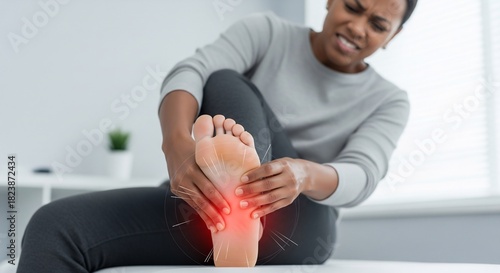 African American woman suffering from severe foot pain, massaging the inflamed plantar arch.