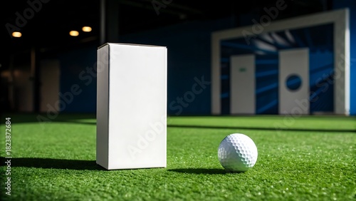 Golf ball with blank white box on green artificial turf background
