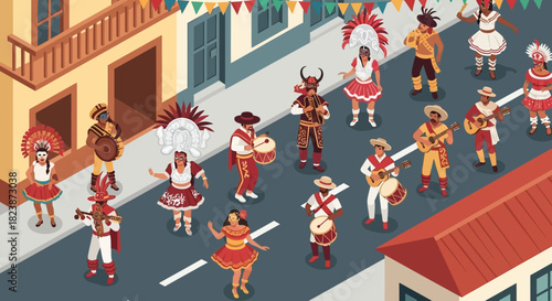 Vibrant cultural street parade with diverse people celebrating in traditional festive attire, dancing and playing music