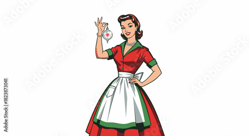 Elegant retro woman in a festive holiday dress and apron, showcasing a beautiful Christmas ornament with a cheerful smile