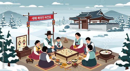 A heartwarming illustration of a Korean family celebrating Lunar New Year, playing traditional games and sharing festive meals in a snowy winter setting