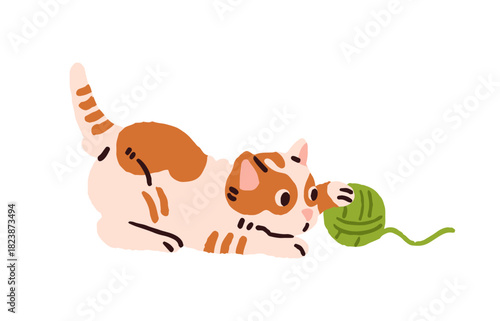 Happy kitten plays with ball of yarn. Cute baby cat has fun with wool. Naughty and curious little kitty. Funny pet, amusing domestic animal. Flat isolated vector illustration on white background.