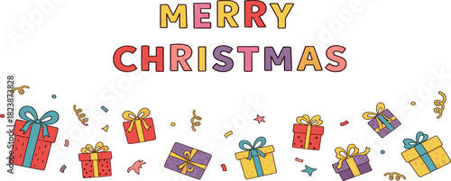 Festive Merry Christmas Greeting with Gift Boxes and Confetti, Celebrating the Holiday Season