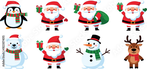 Festive Holiday Characters Santa Claus, Penguin, Snowman, and Reindeer in Cheerful Christmas Designs