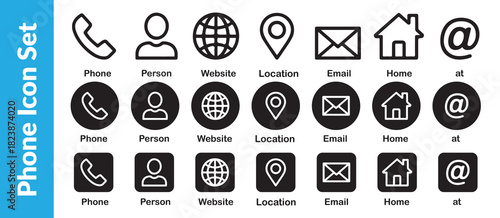 Contact icon set with phone person website location email home at symbols in black and white