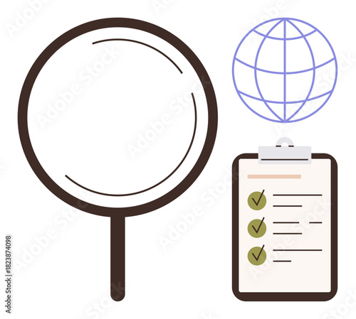 Magnifying glass examining globe and checklist with green tick marks. Ideal for research, organization, analysis, efficiency, productivity, planning, focus. Simple flat metaphor