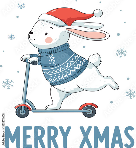A cute white cartoon rabbit in a Santa hat and cozy blue sweater joyfully rides a scooter through falling snow during the Christmas holiday season