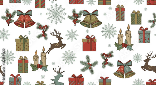 Festive Holiday Cheer Seamless Christmas Pattern with Gifts and Ornaments
