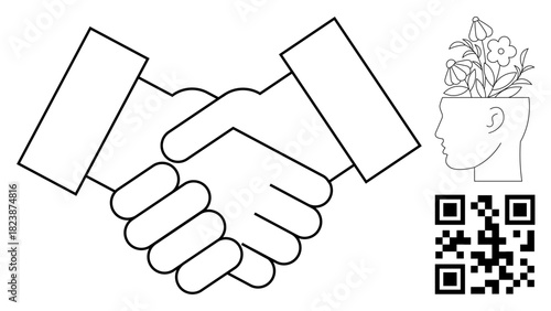 Handshake symbolizing collaboration, head with blossoming flowers indicating creative growth, and a QR code signifying technology. Ideal for teamwork, creativity, innovation, growth, technology
