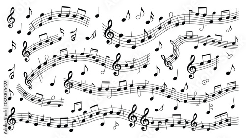 Collection of musical notes staff lines and treble clefs vector illustration for sheet music and music education isolated on white background