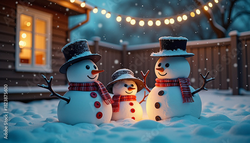 Three snowmen smiling and celebrating in snowy backyard with lights  