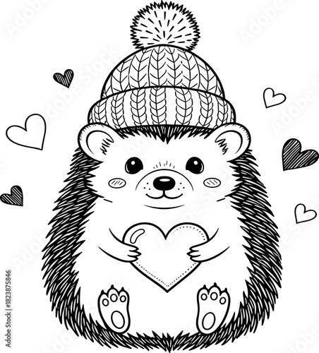 Charming black and white illustration of a cute hedgehog wearing a cozy knitted pom-pom hat, gently holding a heart, surrounded by floating hearts, perfect for coloring or heartwarming designs