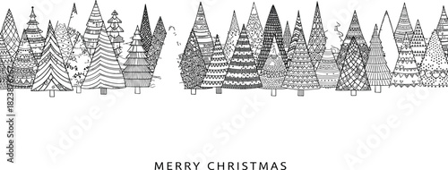 Festive Forest Whimsical Hand-Drawn Christmas Trees Border with 'Merry Christmas' Greeting