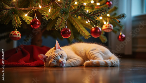 Sleeping white cat resting under Christmas tree with decorations  