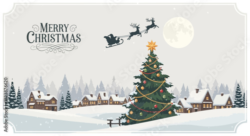 Festive Christmas Scene Santa's Sleigh Over Snowy Village, Decorated Tree, and Merry Christmas Wishes