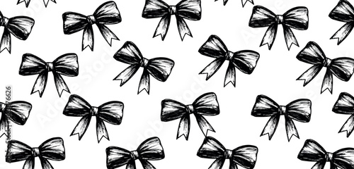 A simple yet elegant seamless pattern of hand-drawn black ink bows on a white background, ideal for decorative purposes