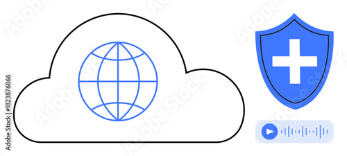 Cloud outline with globe for connectivity, shield with cross for security, and audio playback for storage. Ideal for technology, cybersecurity, cloud storage, global collaboration, remote access