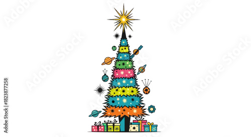 Creative vector illustration of a celestial holiday tree decorated with colorful planets and gifts, celebrating a cosmic Christmas concept