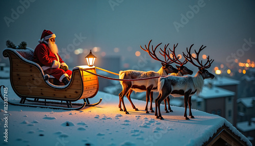 Santa Claus sitting in sleigh with reindeer in snowy winter night  