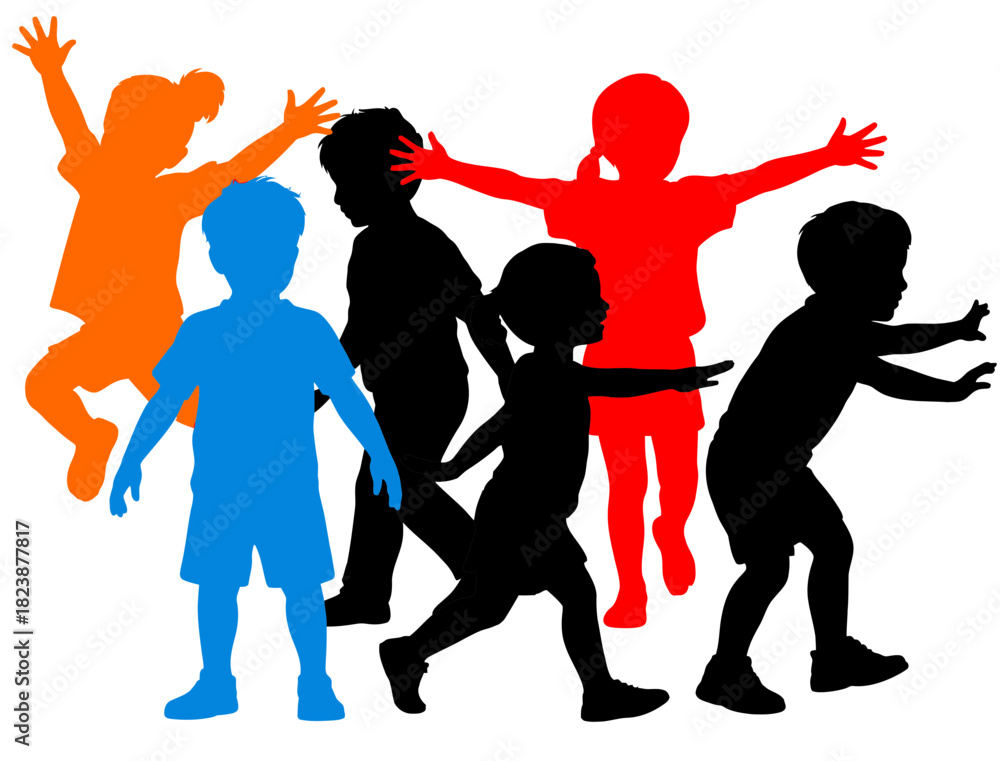 Fototapeta premium Children playing silhouettes group activity fun kids childhood joyful