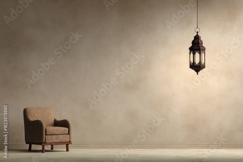 Single upholstered armchair sits beneath a traditional hanging lantern in an empty, textured room