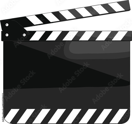 Film clapperboard vector illustration, black and white movie slate, filmmaking icon, cinema production tool, vintage film scene marker, isolated on white background