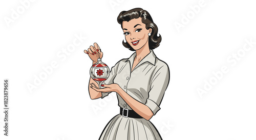 Retro Woman Holds Ornament with Apple Design, Vintage Holiday Charm