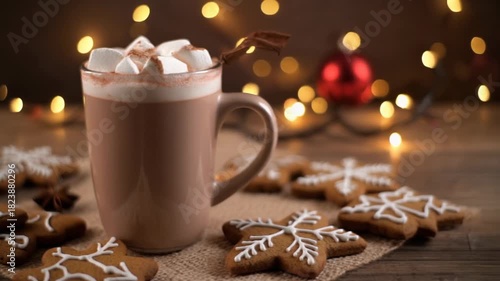 Steaming hot chocolate with marshmallows and cinnamon, accompanied by festive gingerbread cookies. Twinkling holiday lights cast a warm glow, creating a perfect cozy winter scene