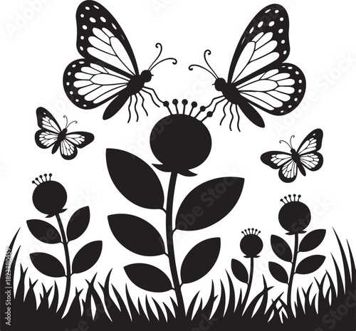 Black silhouette of butterflies and blueberry plants on a light background