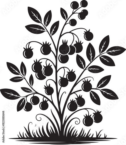 Black silhouette of a blueberry bush with leaves and fruit