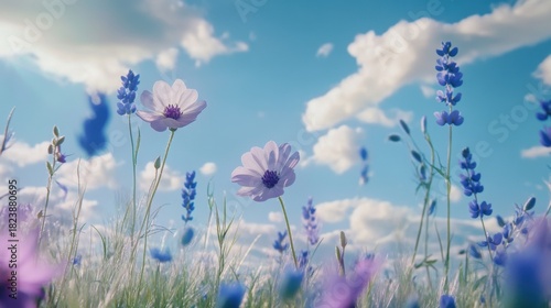 Fototapeta Naklejka Na Ścianę i Meble -  Serene floral meadow with white cosmos and delphinium against a cloudy sky