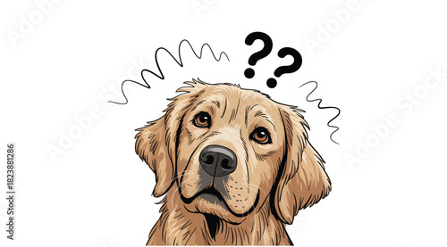 confused golden retriever puppy illustration with question marks above its head, expressing curiosity, uncertainty, and adorable confusion, perfect for educational designs, pet graphics, children’s bo