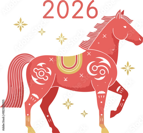 Stylized red horse with gold accents beneath 2026 set against a white backdrop with small scattered gold stars