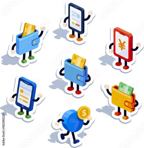 Cartoon wallets and smartphones with currency symbols for financial concepts