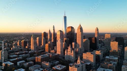 Stunning Sunset Over New York City Skyline with One World Trade Center.