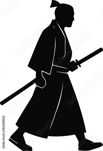 Samurai warrior silhouette walking with katana sword