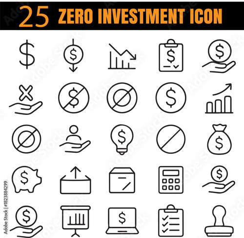 Zero Investment Set | Free Startup & Cost-Free Business Outline Icons | Minimal Finance Collection