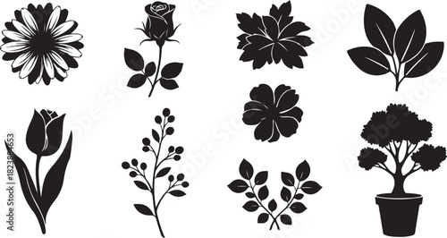 Flower and Plant Silhouettes Collection Keywords: flower, plant, rose, tulip, daisy, bonsai