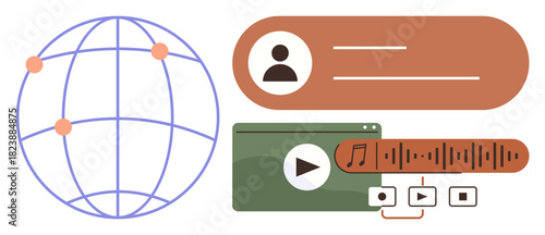 Global network connections, user profile, music and video files, and media sharing tools. Ideal for technology, communication, social media, content creation, digital marketing networking