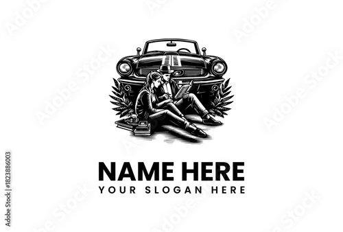 Automotive enthusiasts relaxing A vector logo illustration featuring a classic car, gearheads, and laurel wreaths