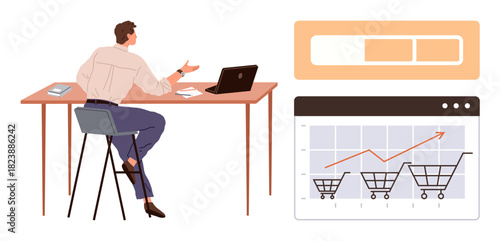 Professional reviewing sales graph with shopping carts and rising trends on a laptop. Ideal for analytics, e-commerce, business strategy, digital marketing, budget planning, innovation, and progress