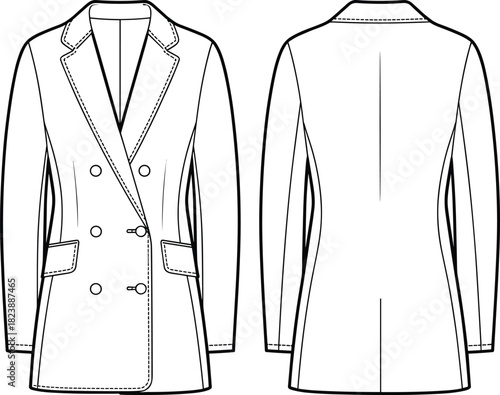 Double breasted blazer, technical drawing, fashion flat sketch, vector illustration, front and back view, formal suit jacket, apparel design template, cad drawing.