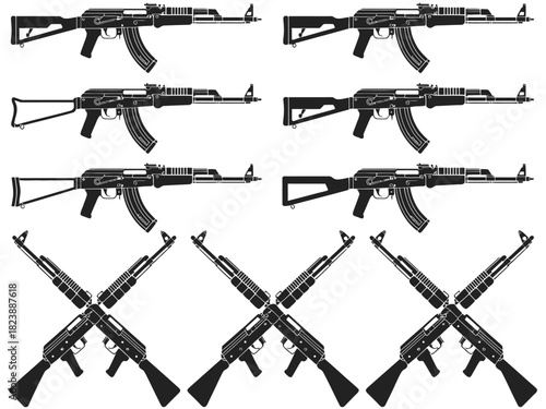 Multiple ak assault rifles in black and white vector illustration