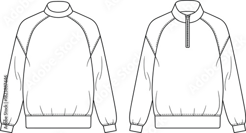 Half zip sweatshirt technical drawing, fashion flat sketch, vector illustration, raglan sleeve pullover, apparel design template, front and back view.