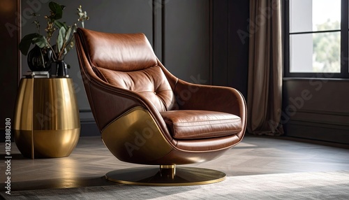 Brown leather swivel armchair, gold accents
