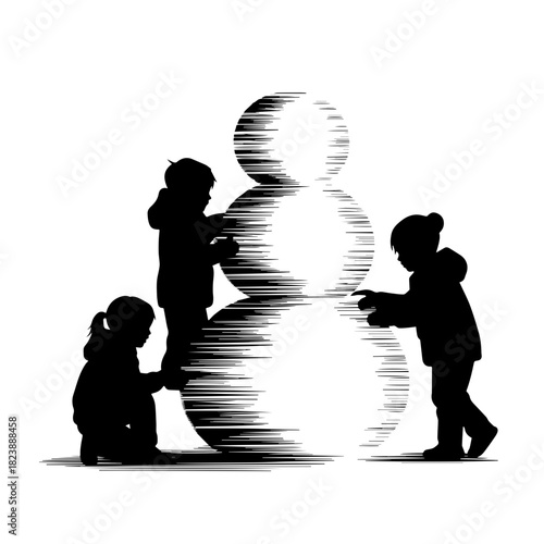 Children building snowman with care and joy in wintry atmosphere. Building snowman is an iconic moment of childhood, capturing fun activities with friends during holidays.