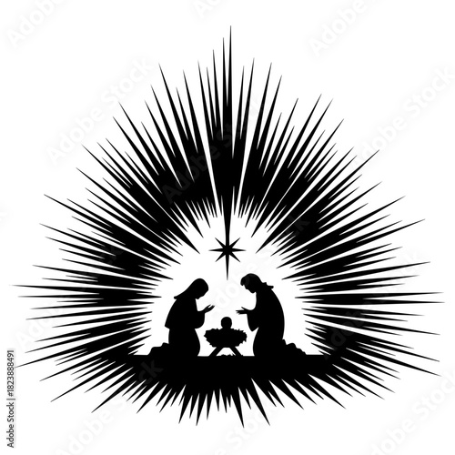 Nativity scene silhouette featuring Joseph, Mary, and baby Jesus in manger depicted with glowing star, radiant light bursts emphasize holy Nativity scene silhouette.