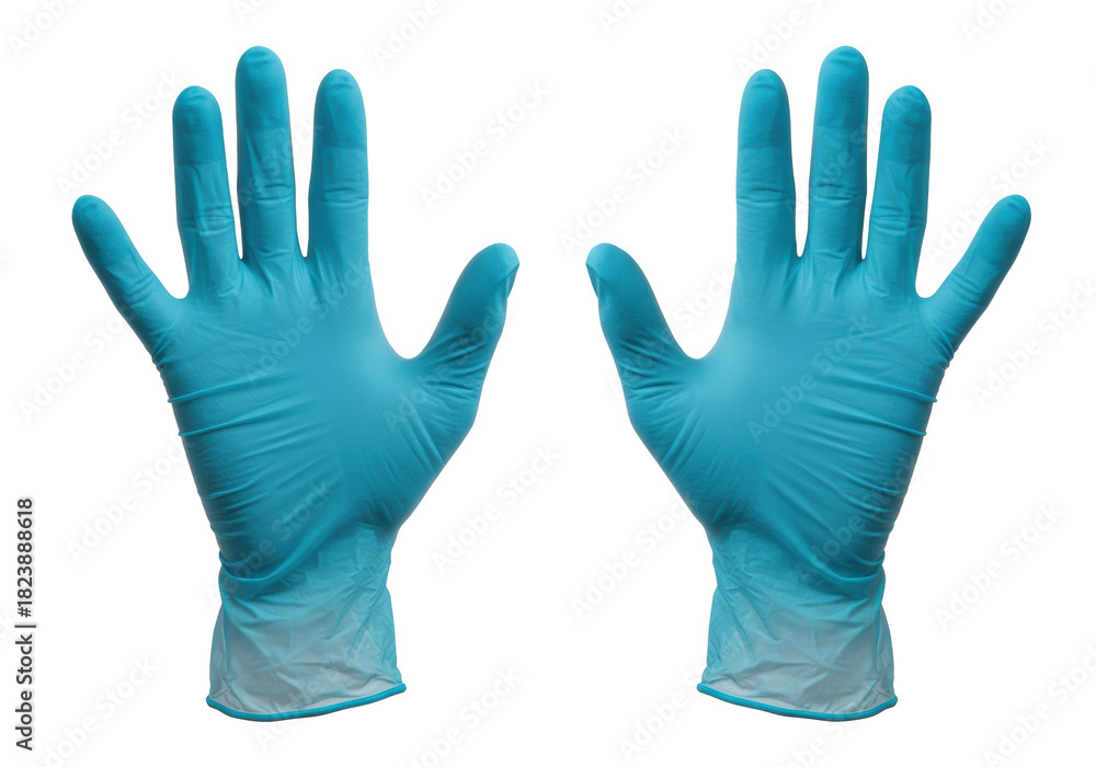 Obraz premium Macro shot of two new cyan-blue nitrile examination gloves with fine texture on a transparent background with copy space. Concept of sterile medical safety