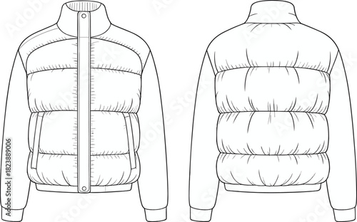 Puffer jacket technical drawing, fashion flat sketch, vector illustration, quilted winter coat, bomber style, apparel design template, front and back view.